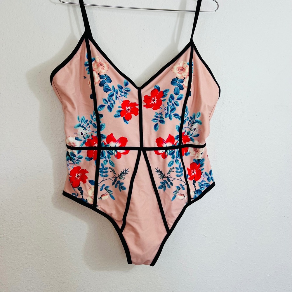 LA Hearts Womens XL Floral One Piece Swimsuit Pink Black Contrast Piping Padded